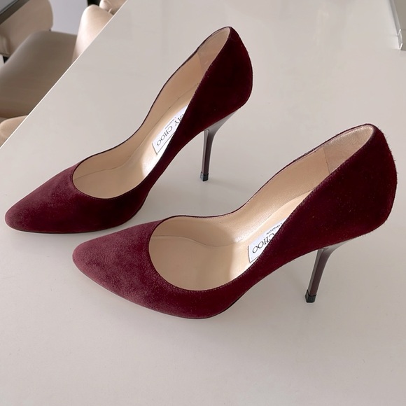 Jimmy Choo Burgundy Suede Pump w/ Patent Leather Heel - Picture 2 of 14